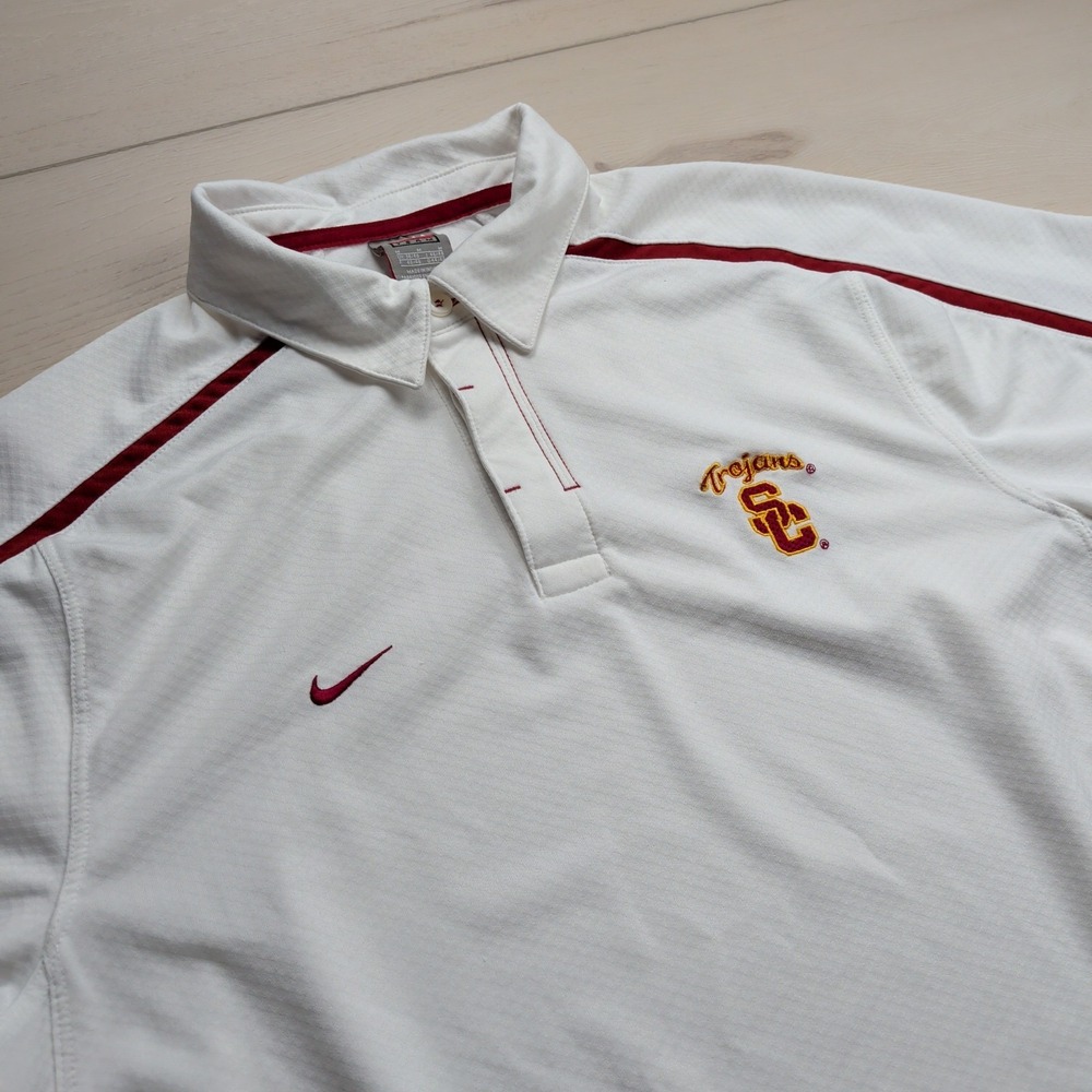 Vintage Nike Team USC Trojans Polo Shirt Mens M Dri-Fit White Embroidered Logo
